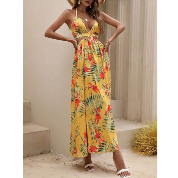 Yellow Boho Tropical Print Backless Maxi Dress V-Neck Floral Flared - Picture 6 of 9